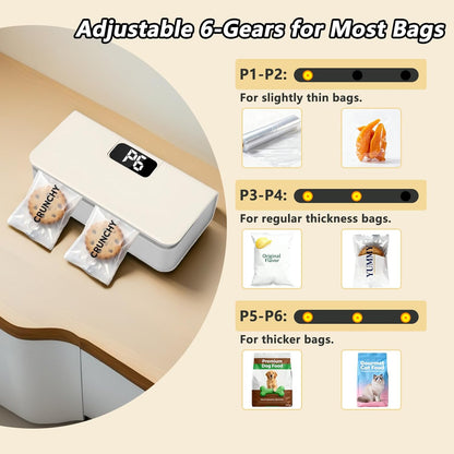 Mini Bag Sealer,Rechargeable Sealer Machine with LED Power Display,Heat Sealer and Cutter with 6 Adjustable Gears,Portable Bag Resealer for Chips Snacks Mylar Bags (White)
