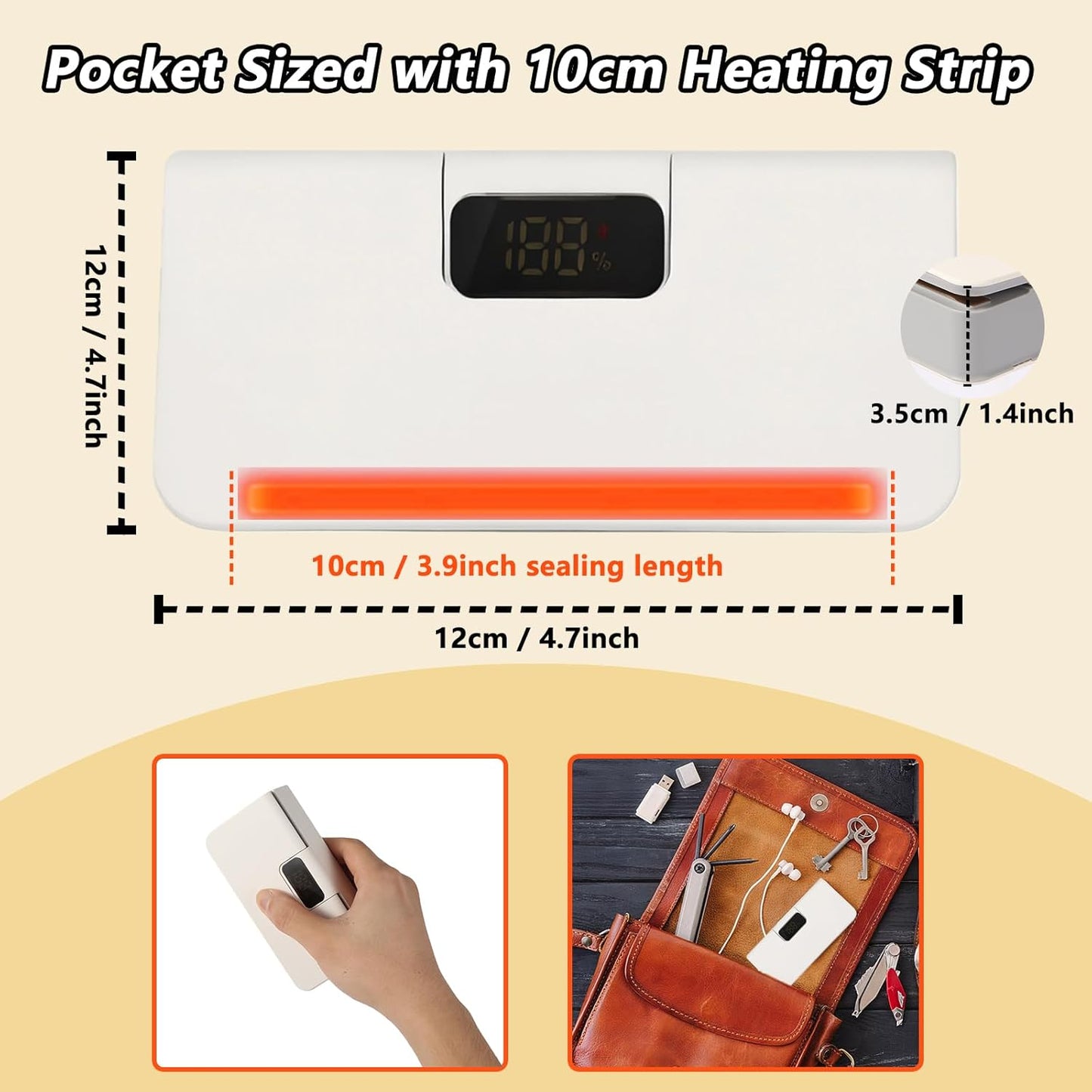 Mini Bag Sealer,Rechargeable Sealer Machine with LED Power Display,Heat Sealer and Cutter with 6 Adjustable Gears,Portable Bag Resealer for Chips Snacks Mylar Bags (White)