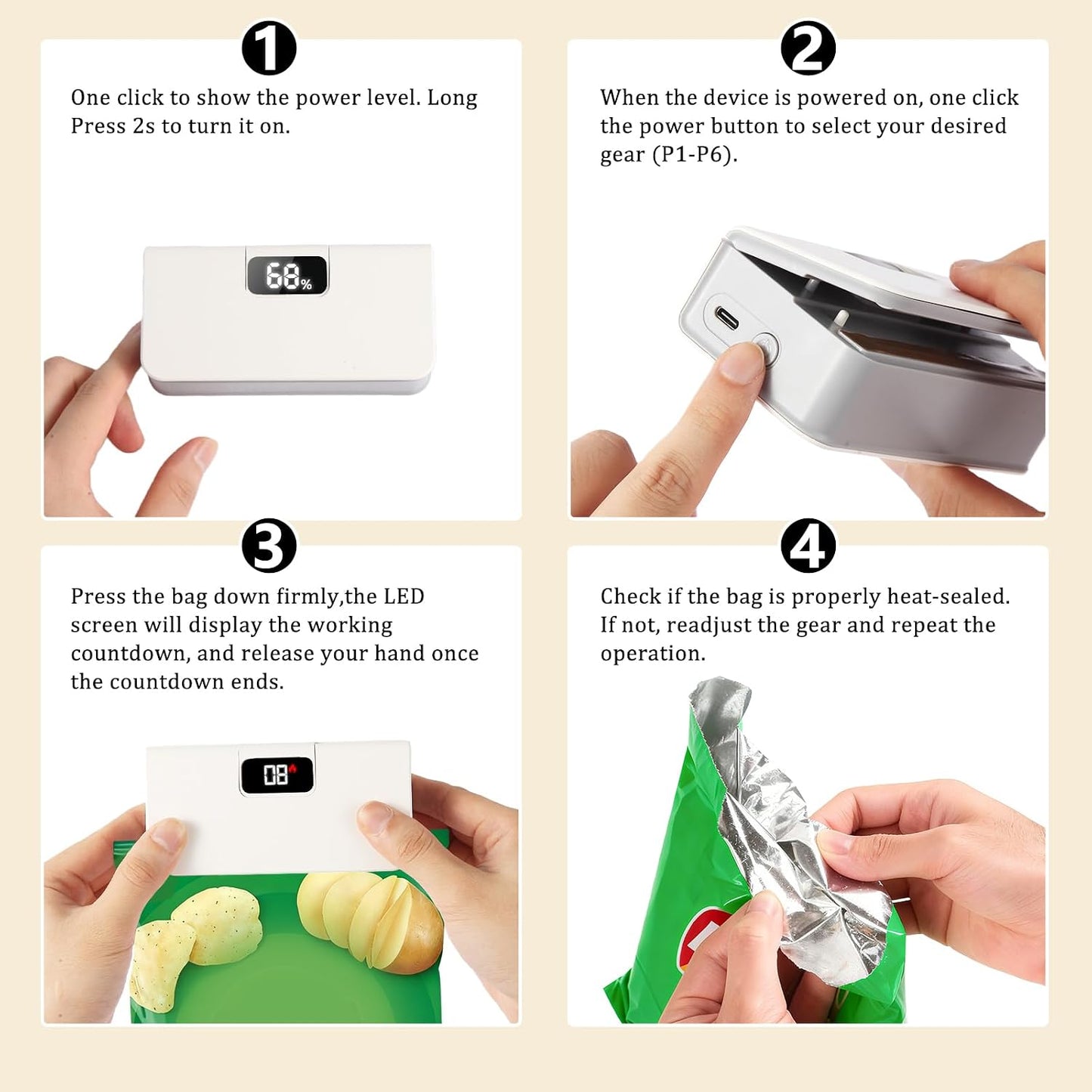 Mini Bag Sealer,Rechargeable Sealer Machine with LED Power Display,Heat Sealer and Cutter with 6 Adjustable Gears,Portable Bag Resealer for Chips Snacks Mylar Bags (White)