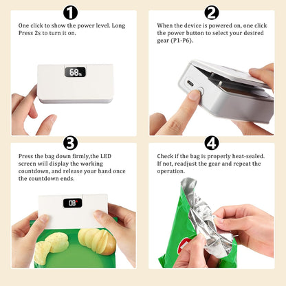 Mini Bag Sealer,Rechargeable Sealer Machine with LED Power Display,Heat Sealer and Cutter with 6 Adjustable Gears,Portable Bag Resealer for Chips Snacks Mylar Bags (White)
